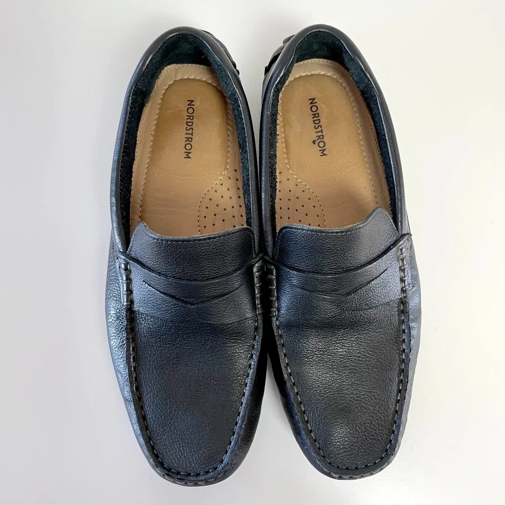 Nordstrom Leather Driving Penny Loafers Mens sz 8 Black Moccasins Mocs Old Money